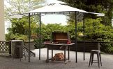 13Ft.Lx4.5Ft.W Iron Double Tiered Backyard Patio BBQ Grill Gazebo with Bar Counters&Extendable Shades, White