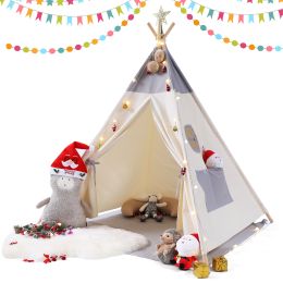 Play Tent with Free String Lights & Mat; Portable Canvas Playhouse for Kids Indoor Outdoor Playing (Material: Cotton-canvas, wood, Color: Beige)