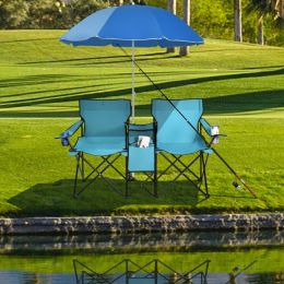 Portable Folding Picnic Double Chair With Umbrella (Color: Turquoise)